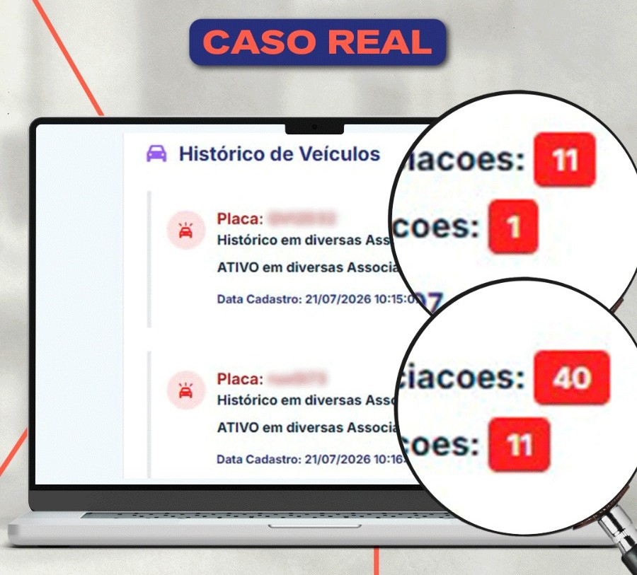 Caso real: consulta do Evidência 360º mostrando histórico de veículos em diversas associações